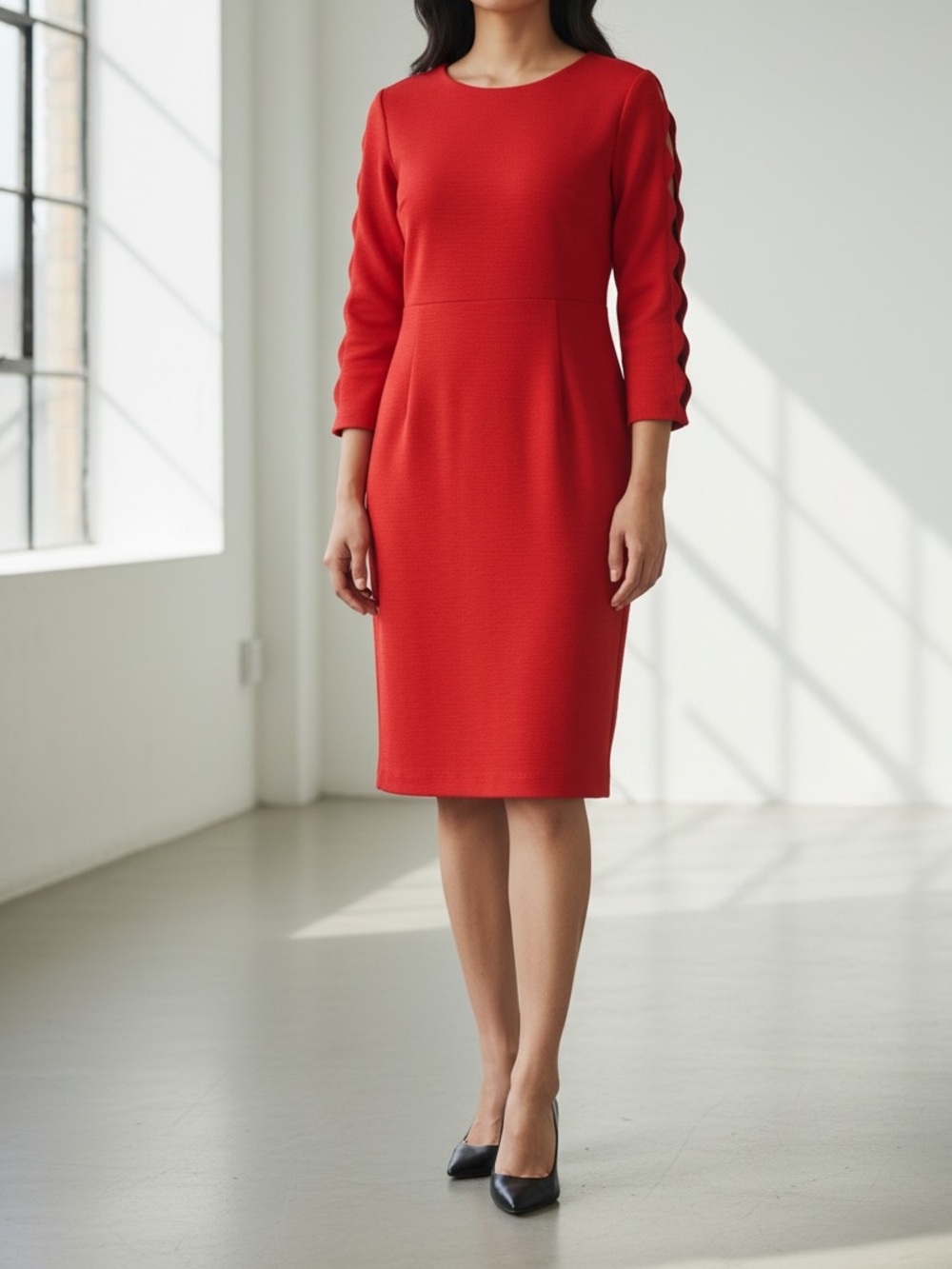 RSVP Talbots Red Ponte Knit 3/4 Sleeve Sheath Midi Dress Scalloped Detail Size 8